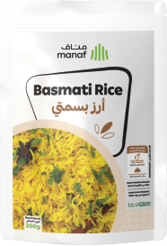 أرز بسمتي طويل الحبة جاهز للتقديم ومعبأ في باوتش مريح.